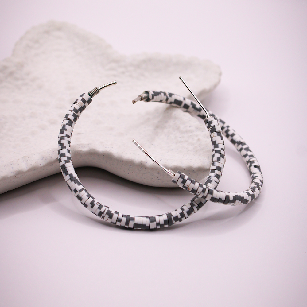 White-Black Mosaic Hoop Earrings