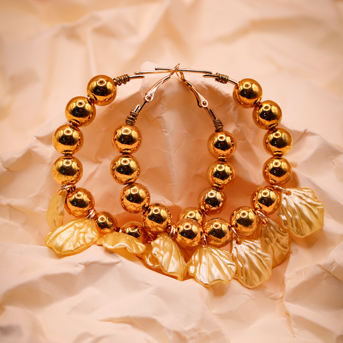 Golden Pearl Hoop Earrings With Golden Shell