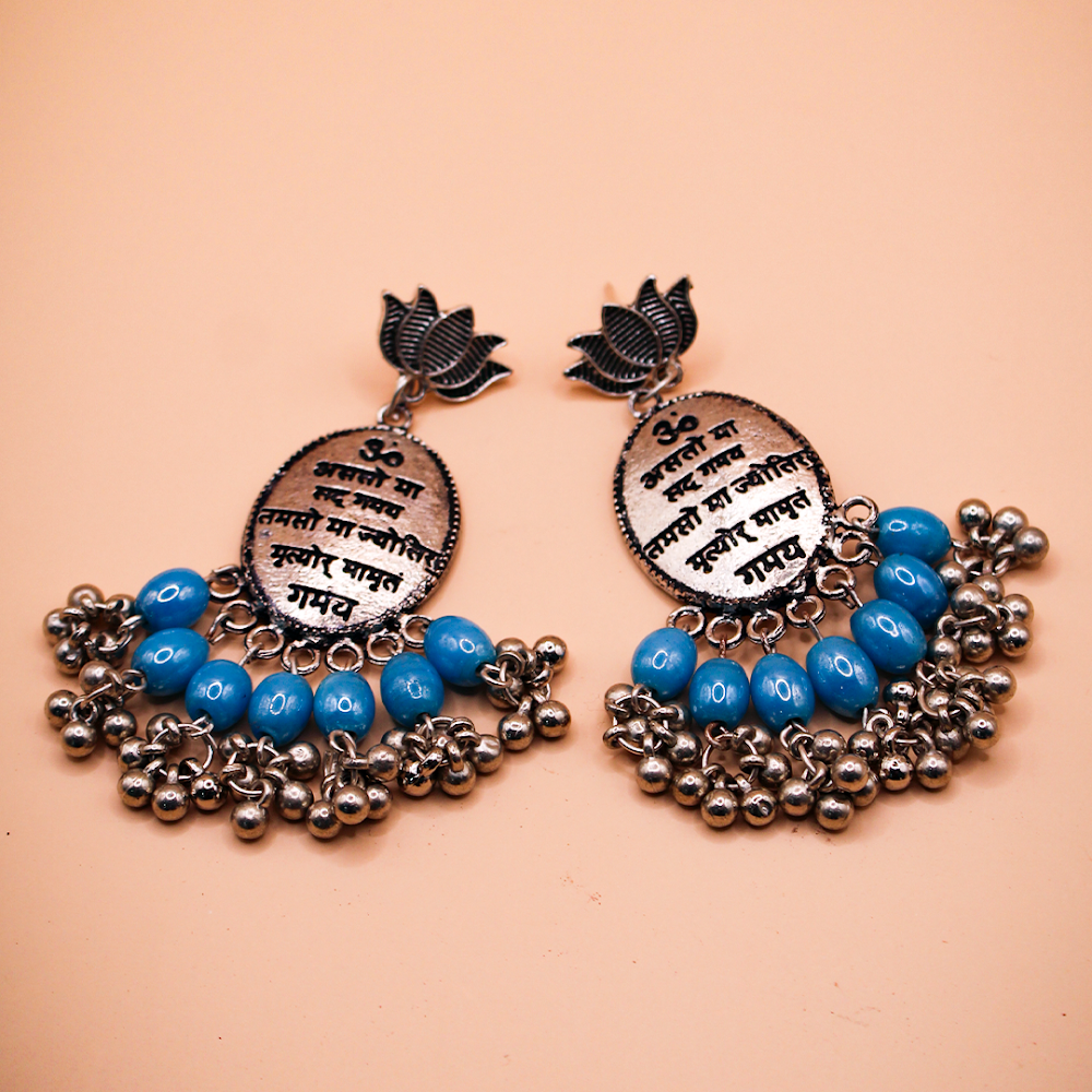 Mantra Engraved Oxidized Jhumka Earrings With Blue Beads