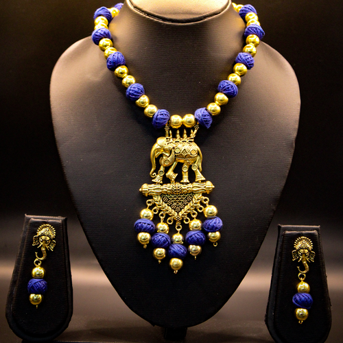 Indigo Polished Elephant Tassel Jewellery Set