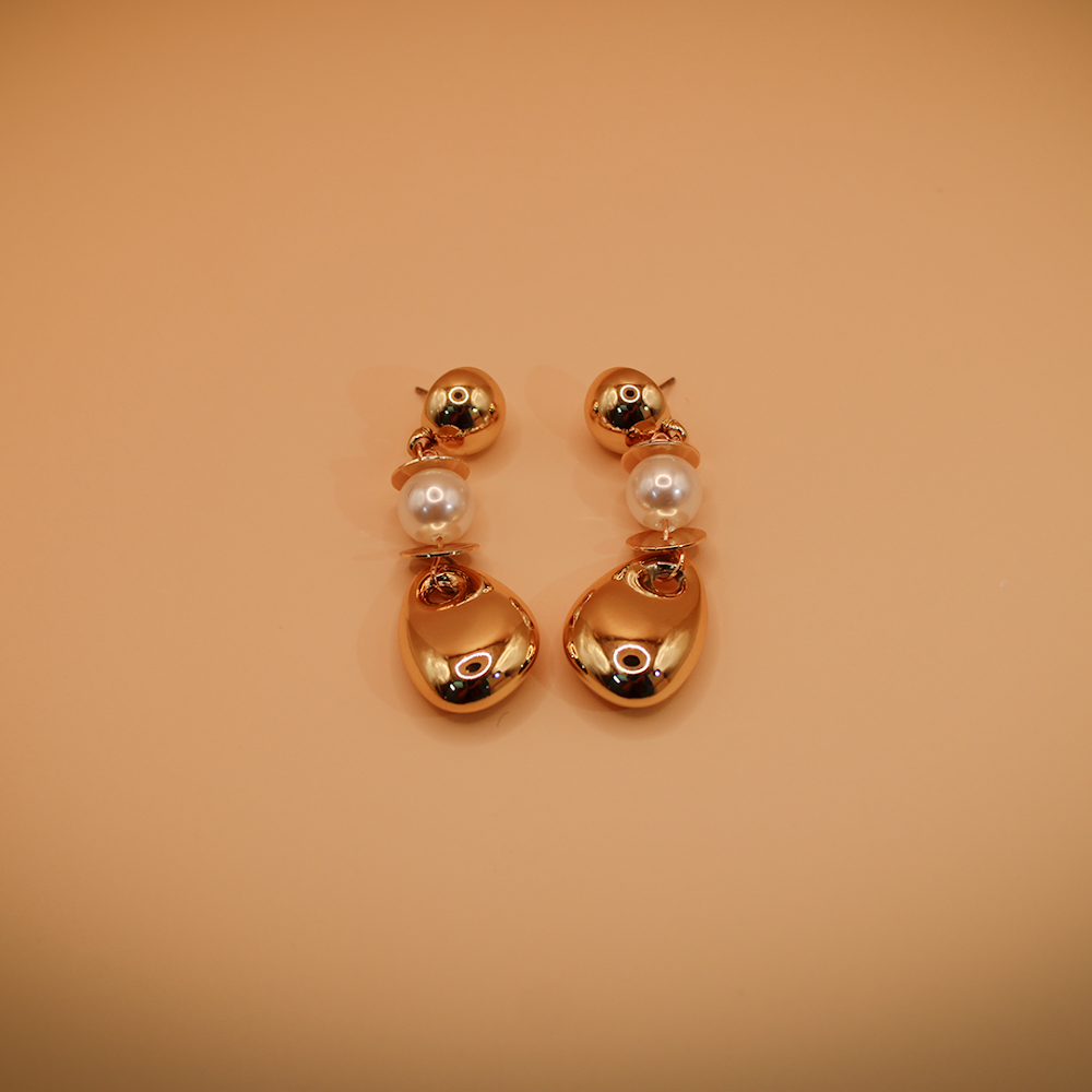 Contemporary Golden Pebble & Pearl Dangle Earrings
