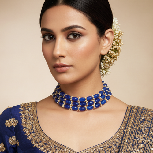 Sapphire Glazed Layered Beaded Bib Necklace
