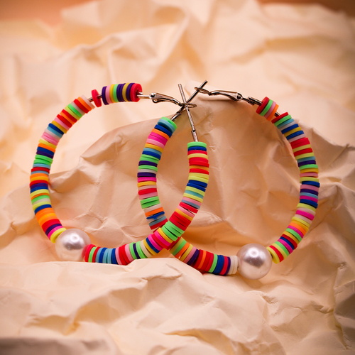 Multicolor Beaded Hoop Earrings With Pearl