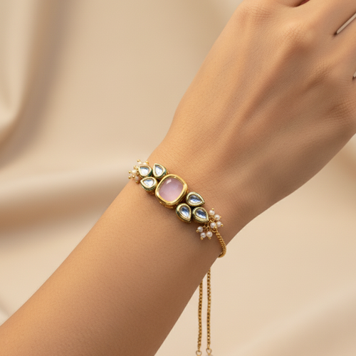 Pink Moti Cluster Kundan Bracelet