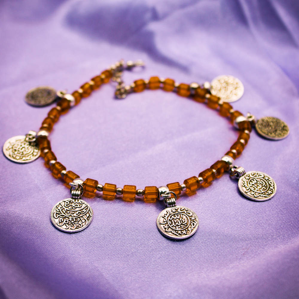 Coin Charms Silver-Orange Beaded Anklets