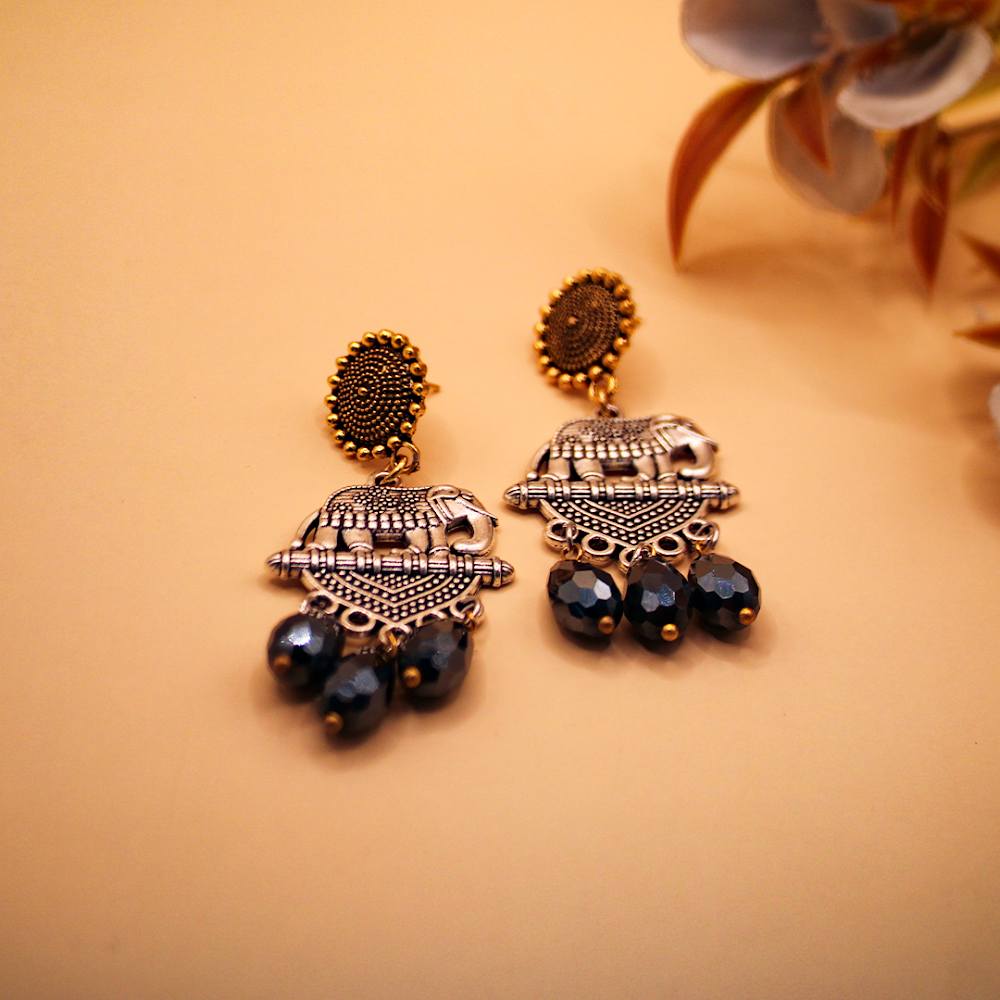Dual Tone  Oxidized Elephant Dangle Earrings