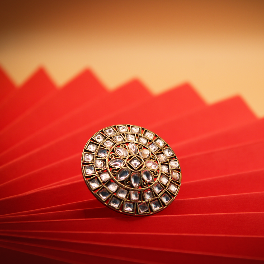 Oxidised Kundan Grand Disc Adjustable Cocktail Ring