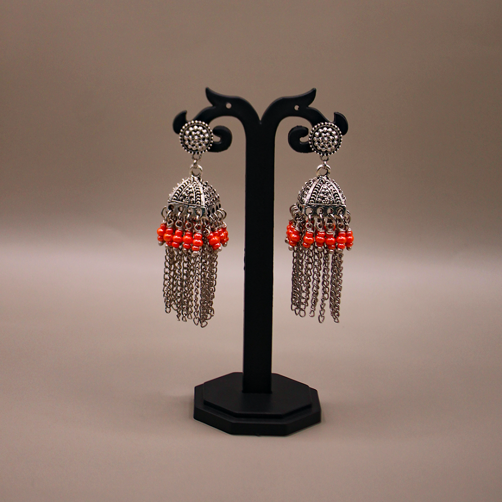 Oxidized Chain Tassel Jhumka Earrings