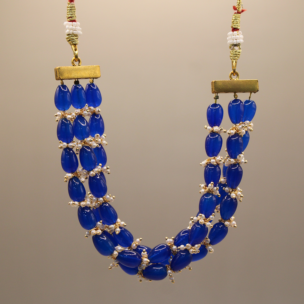 Sapphire Glazed Layered Beaded Bib Necklace