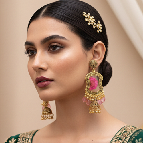 Rani Pink Floral Bell Drop Jhumka Earrings