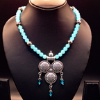 Aqua Beaded Silver Oxidized Temple Drop Long Necklace