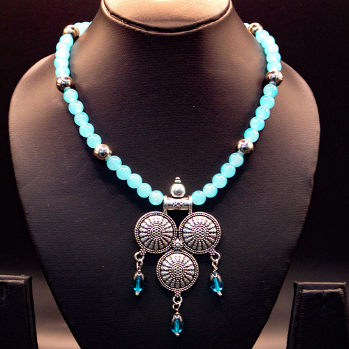 Aqua Beaded Silver Oxidized Temple Drop Long Necklace