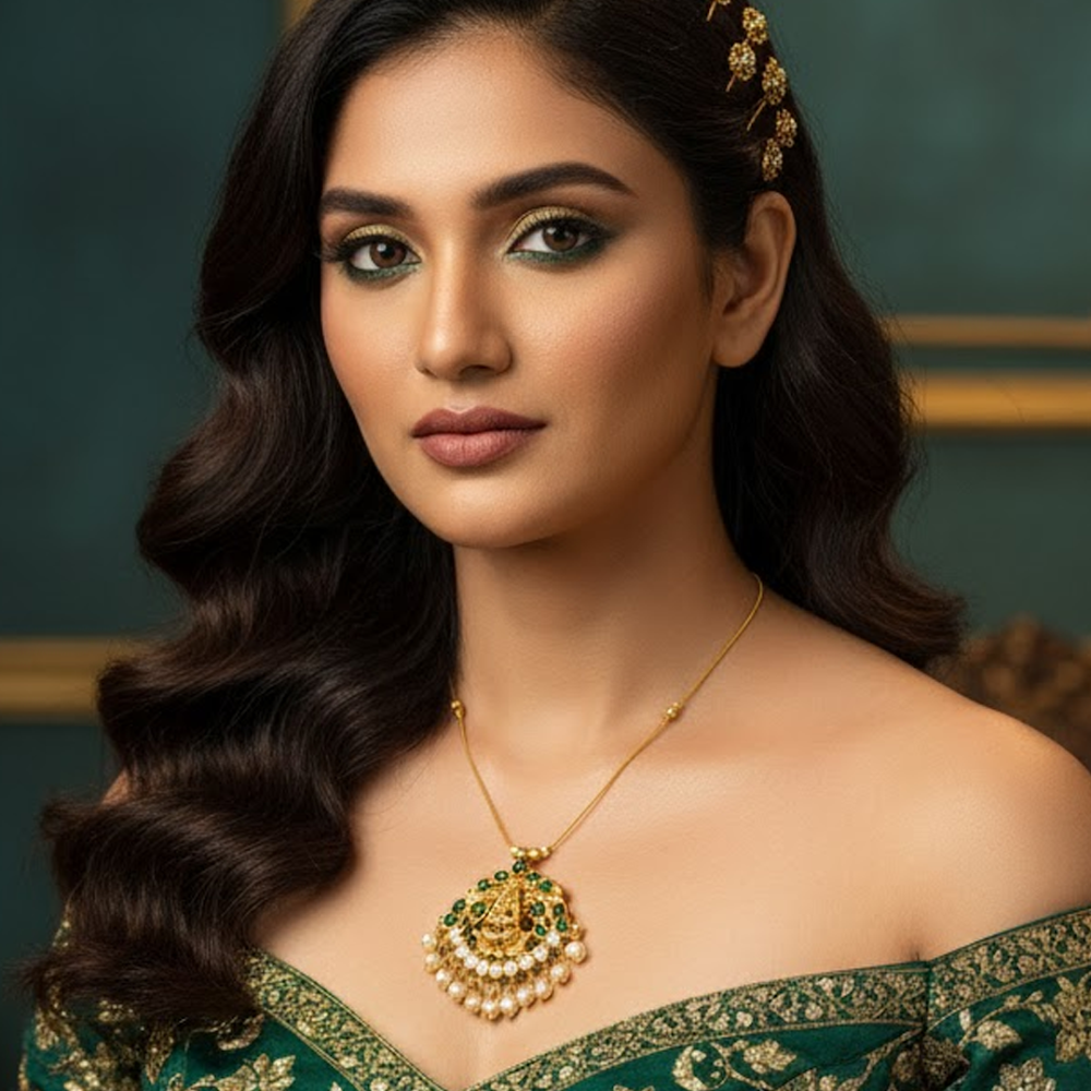 Laxmi Pendant Invisible Wire Necklace(Green)