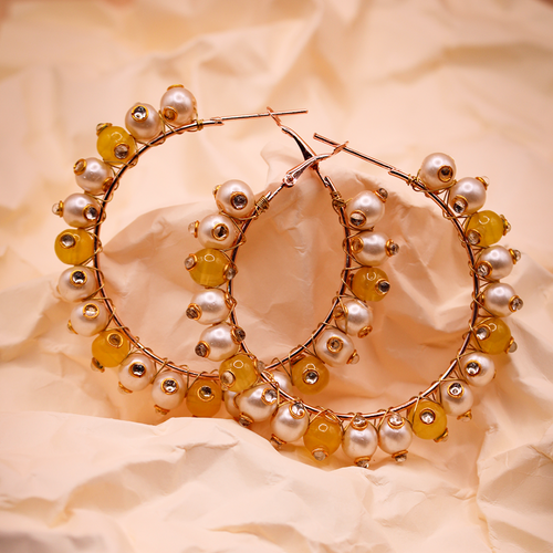 White-Yellow Pearl Hoop Earrings