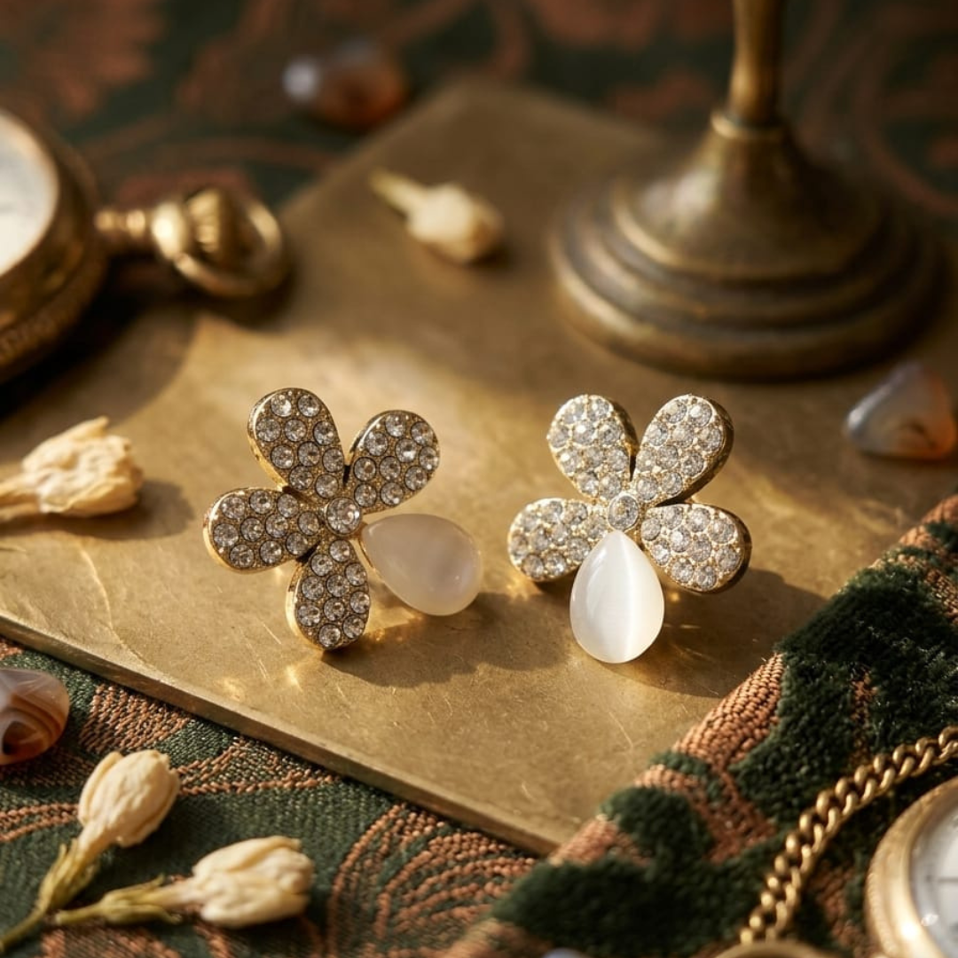 Crystal Flower Pearl Drop Earrings