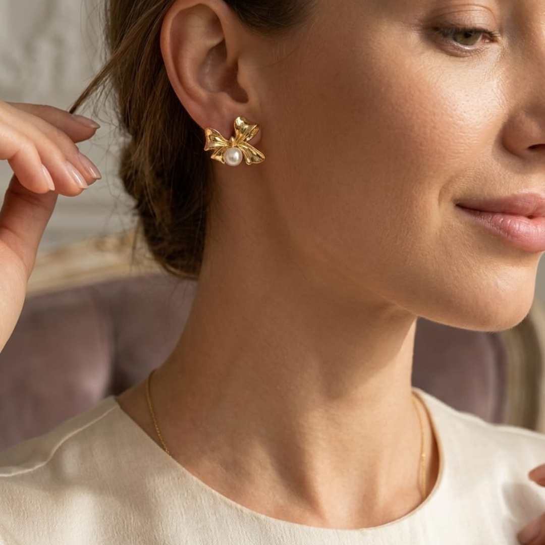 Golden Bow Pearl Earrings
