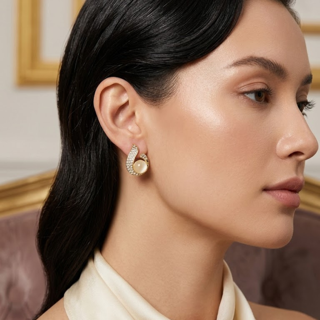 Golden Pearl Curve Stud Earrings