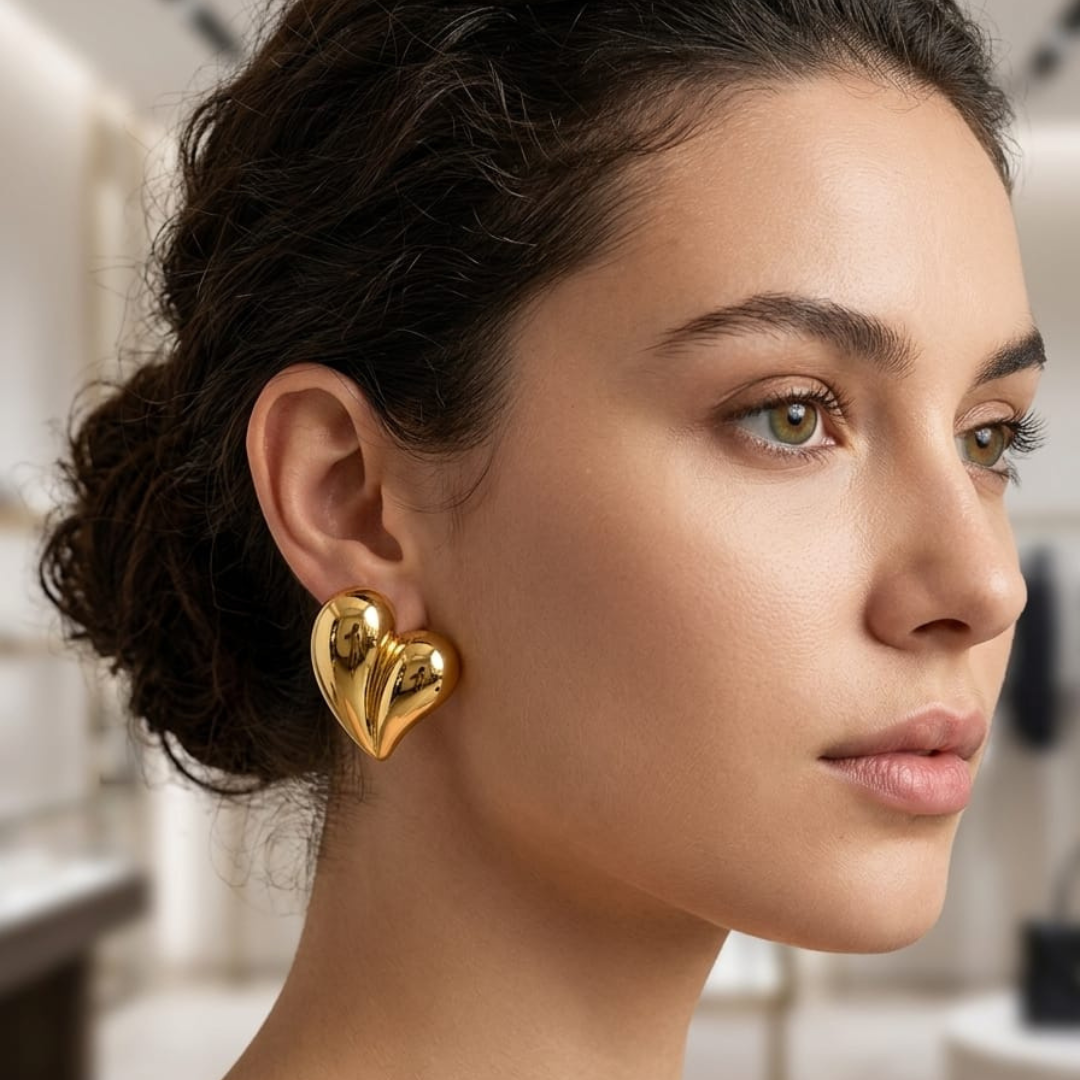 Golden Heart Shape Stud Earrings