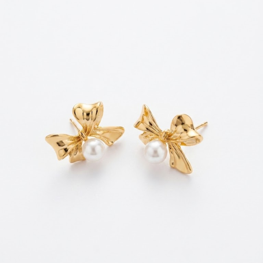 Golden Bow Pearl Earrings