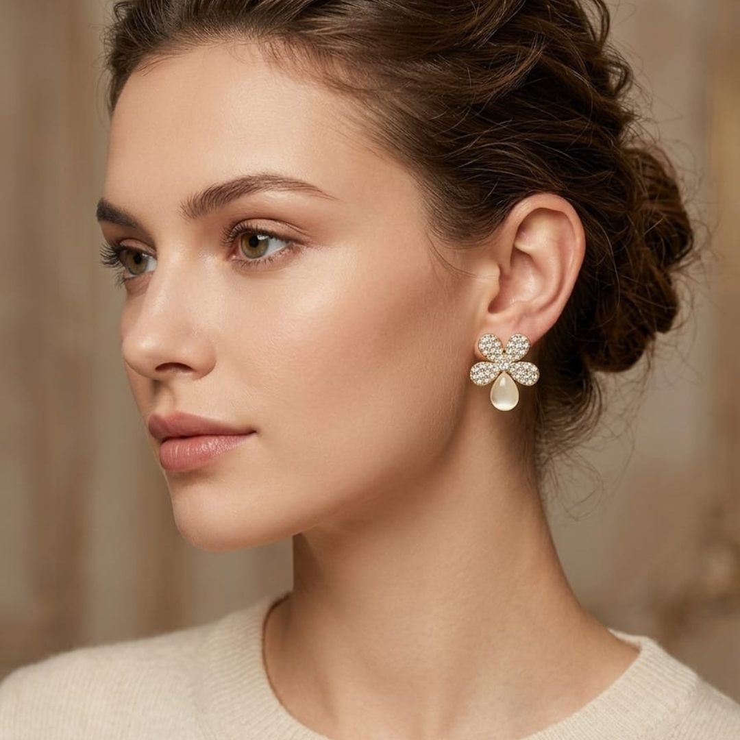 Crystal Flower Pearl Drop Earrings